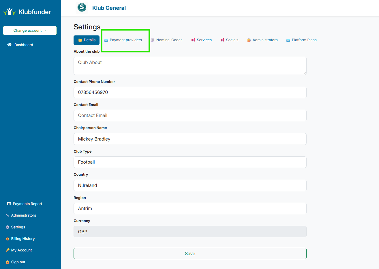 Screenshot of the Club Admin Dashboard Panel Settings