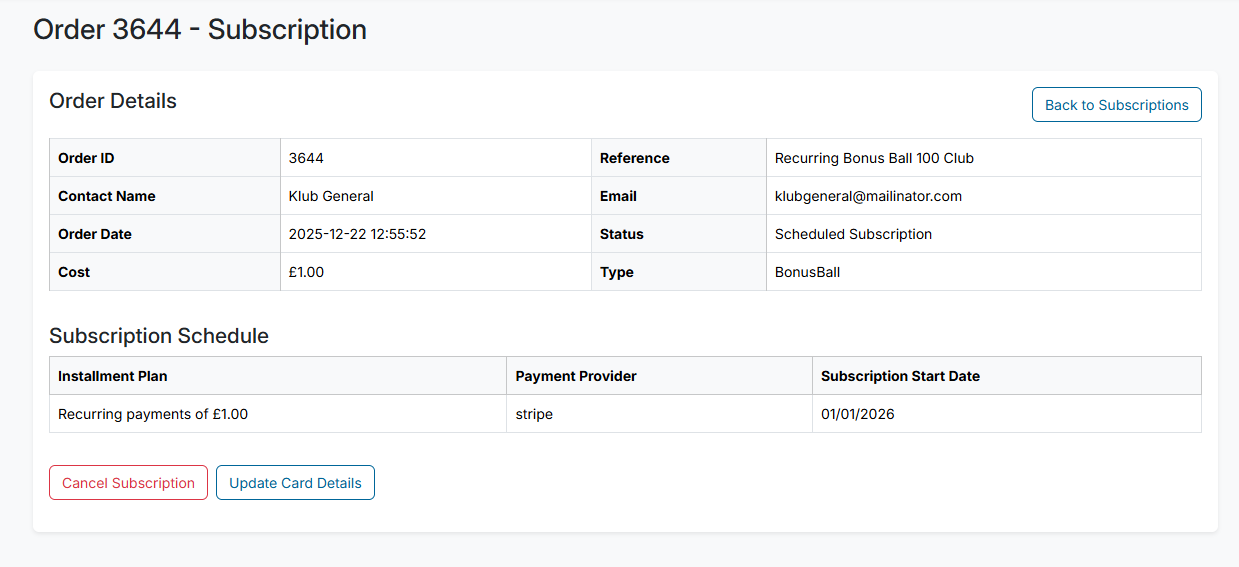 My Subscription Details Screenshot