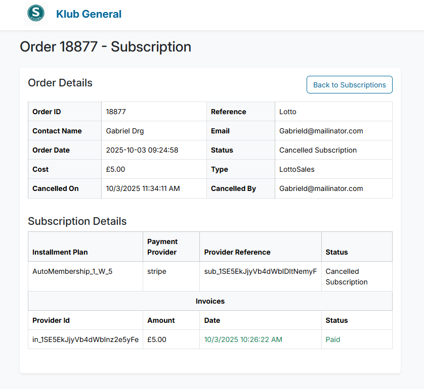 Canceled Subscription Detail Screenshot